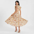 Vestido Midi Florido Trabalhado