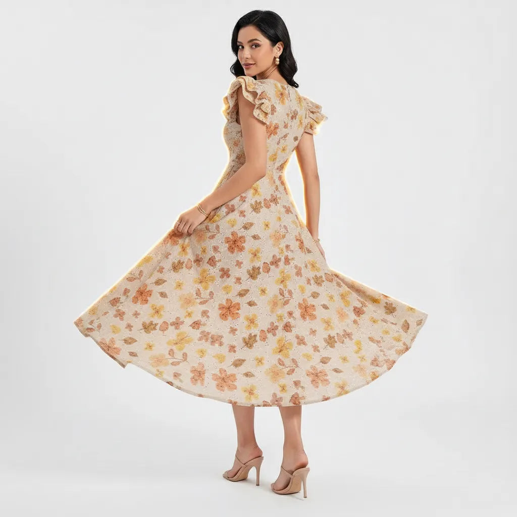 Vestido Midi Florido Trabalhado